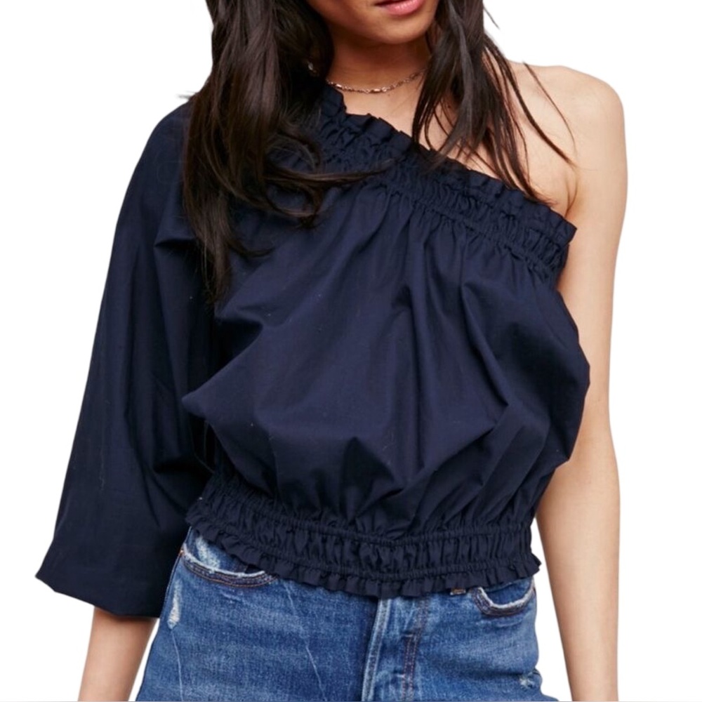Free People Anabelle Asymmetrical One Shoulder Crop Top XS Blue Boho Peasant